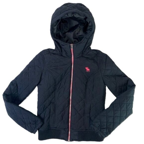 Abercrombie Girls XL Black Hooded Puffer Jacket Pink Trim Quilted - Picture 1 of 11